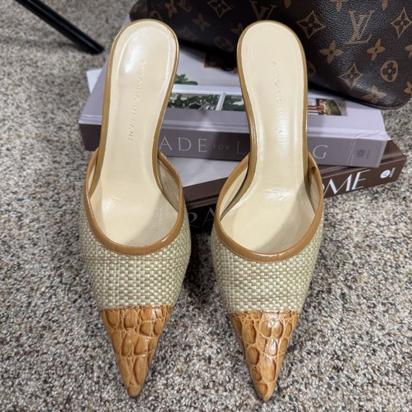 ANTONIO MELANI Shoes - Antonio Melani Brazil Leather Woven Raffia Mules Heels Pointed Toe Tan 7.5 M